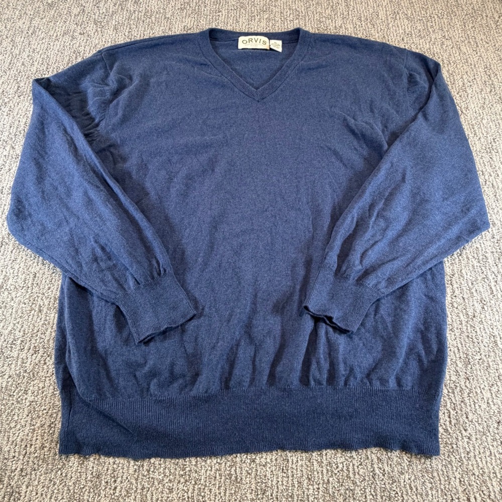 Orvis V-Neck Sweater Mens XL Blue Cotton Cashmere Blend Long Sleeve Knit